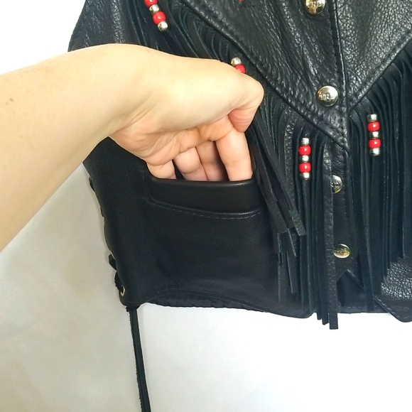 TRD Vintage Leather Vest With Roses and Beaded Fringe, Women Size Large. - Picture 7 of 16